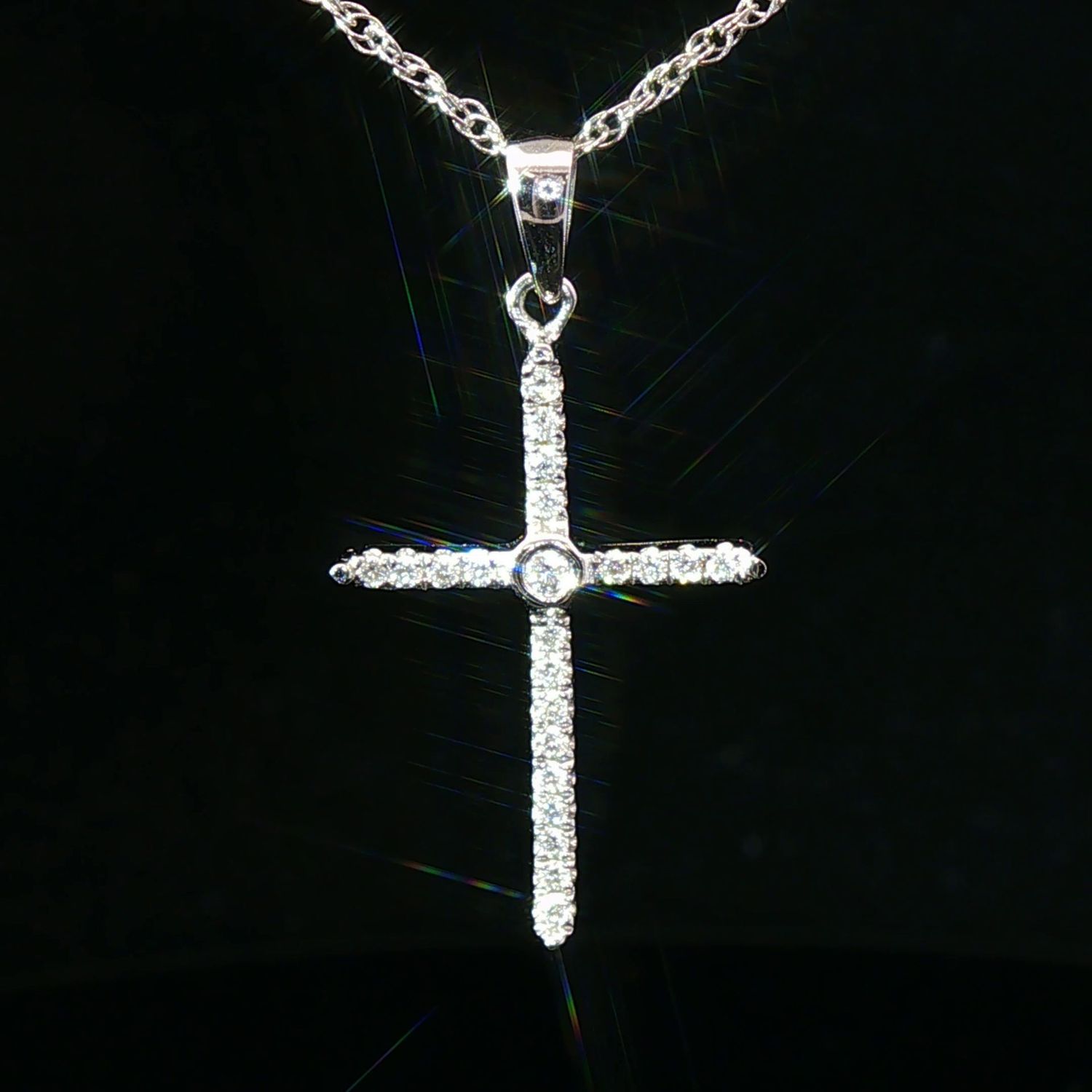 14K White Gold Natural Diamond Cross Pendant Necklace