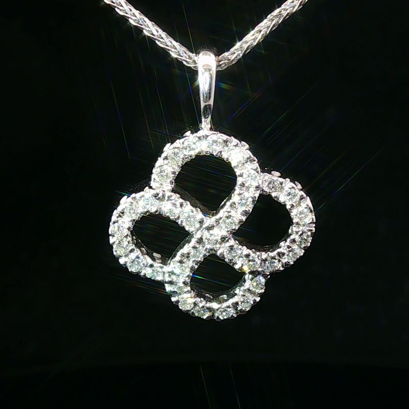 14K White Gold Natural Diamond Clover Pendant Necklace