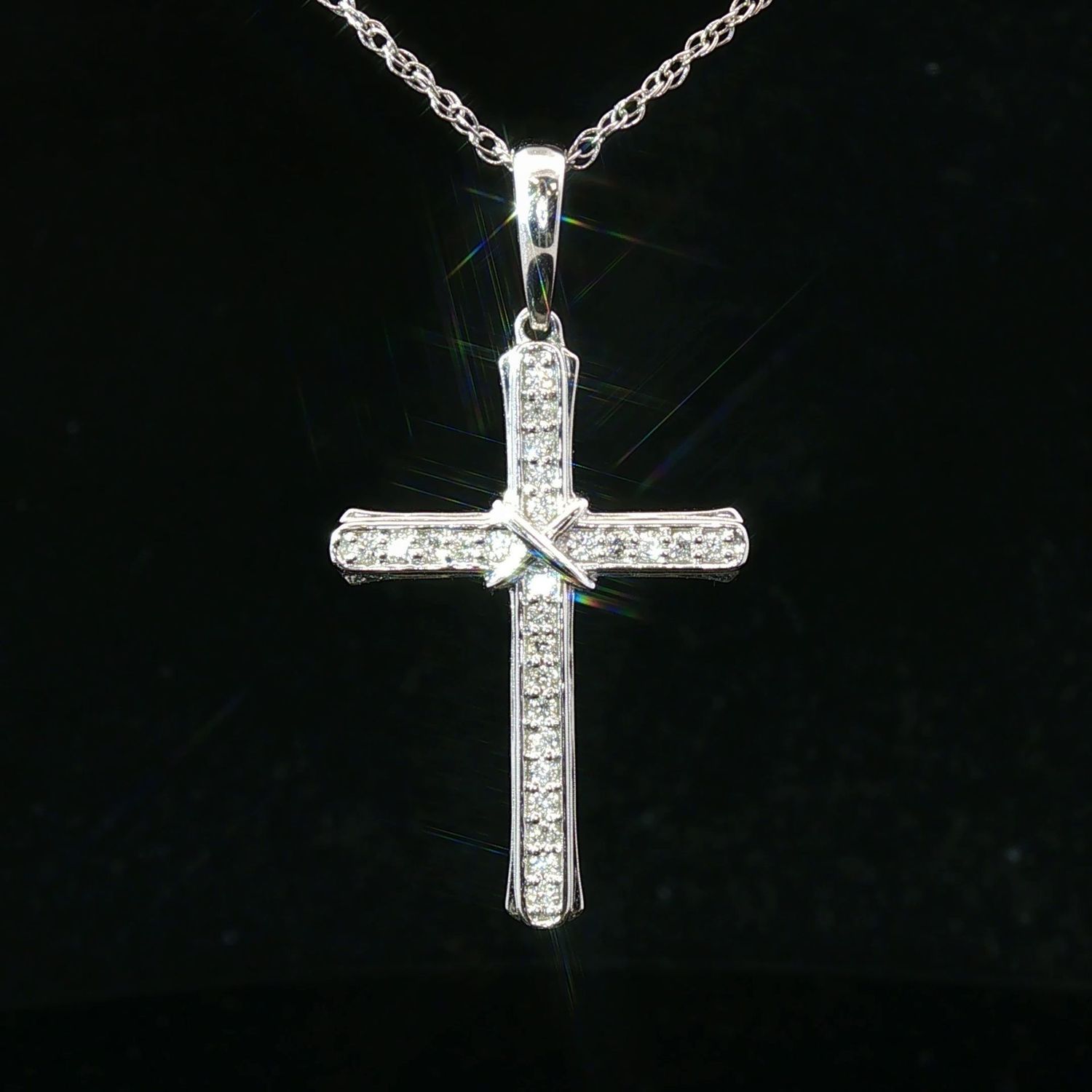 14K White Gold Natural Diamond Cross Pendant Necklace