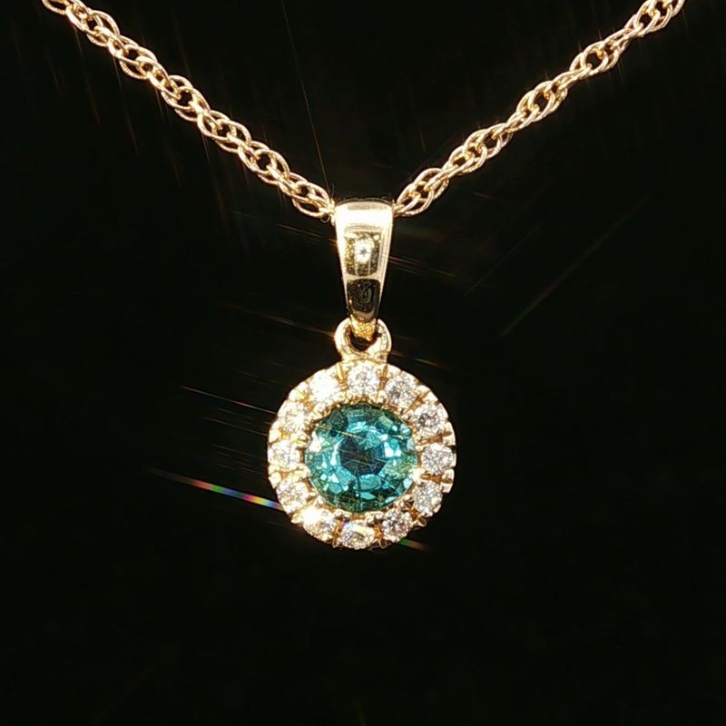 14K Yellow Gold Emerald and Natural Diamond Halo Pendant Necklace