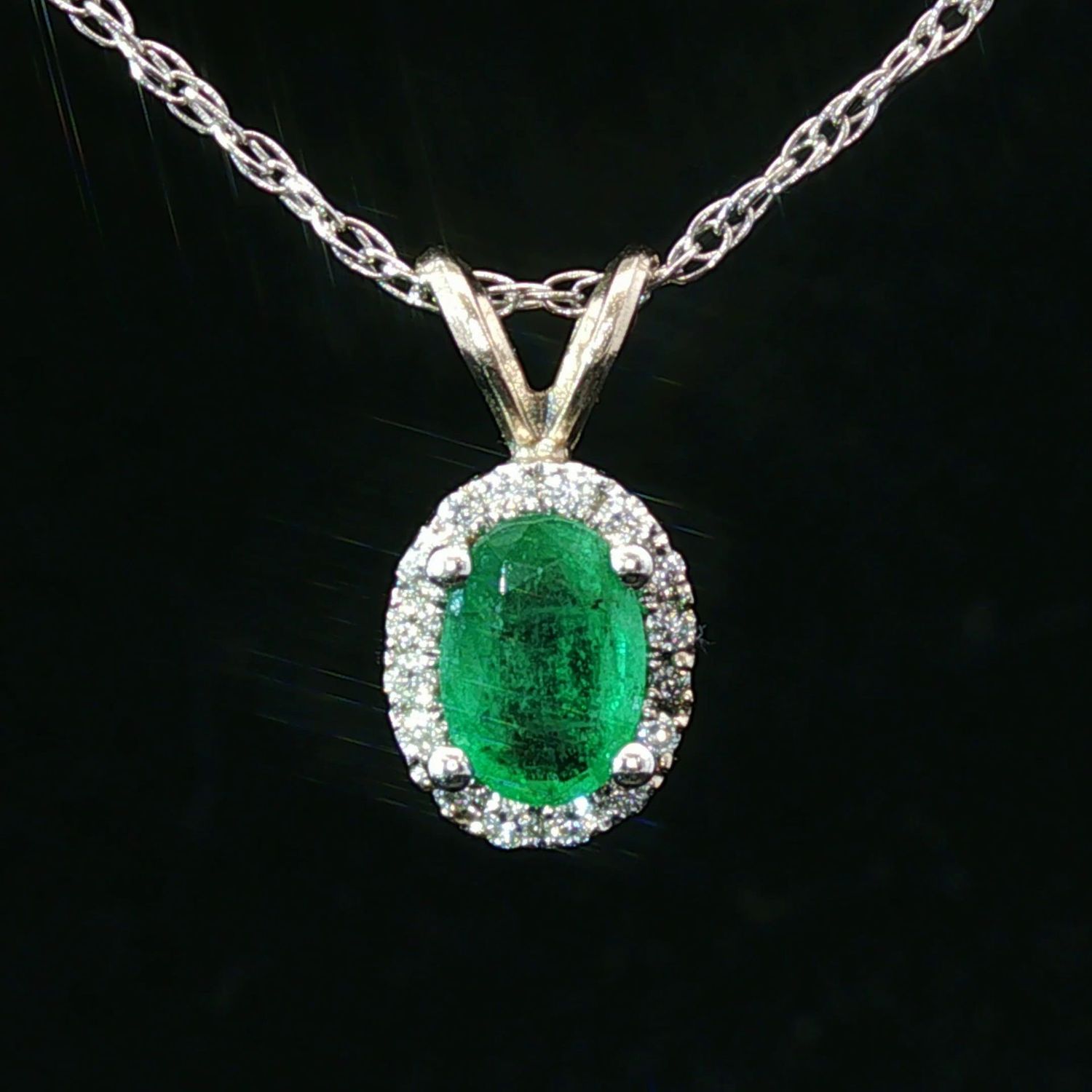 14K White Gold Oval Emerald and Natural Diamond Halo Pendant Necklace