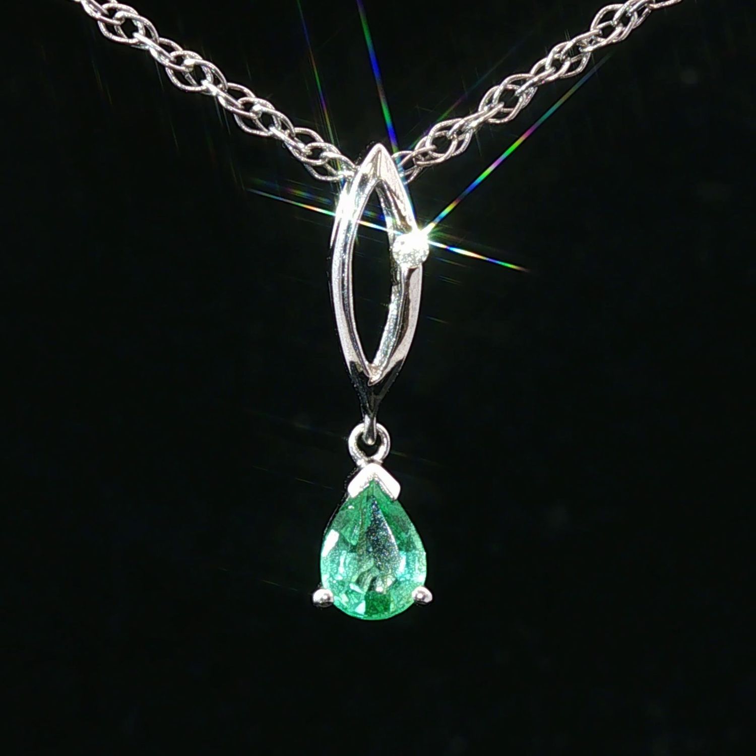 14K White Gold Pear Emerald and Natural Diamond Pendant Necklace