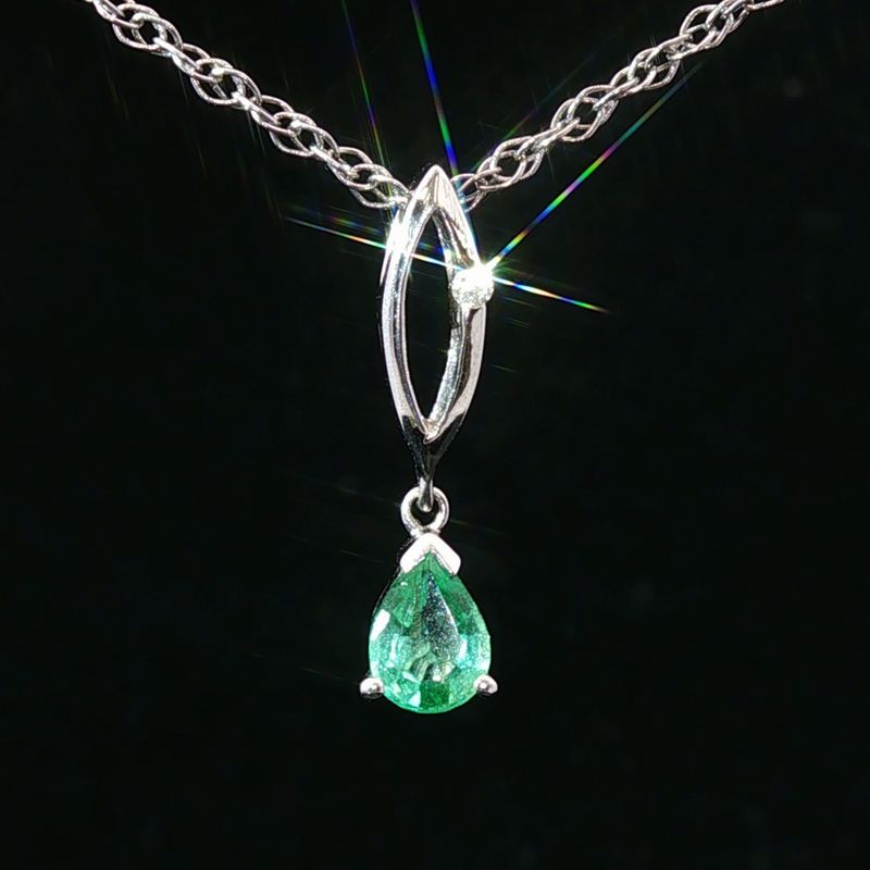 14K White Gold Pear Emerald and Natural Diamond Pendant Necklace