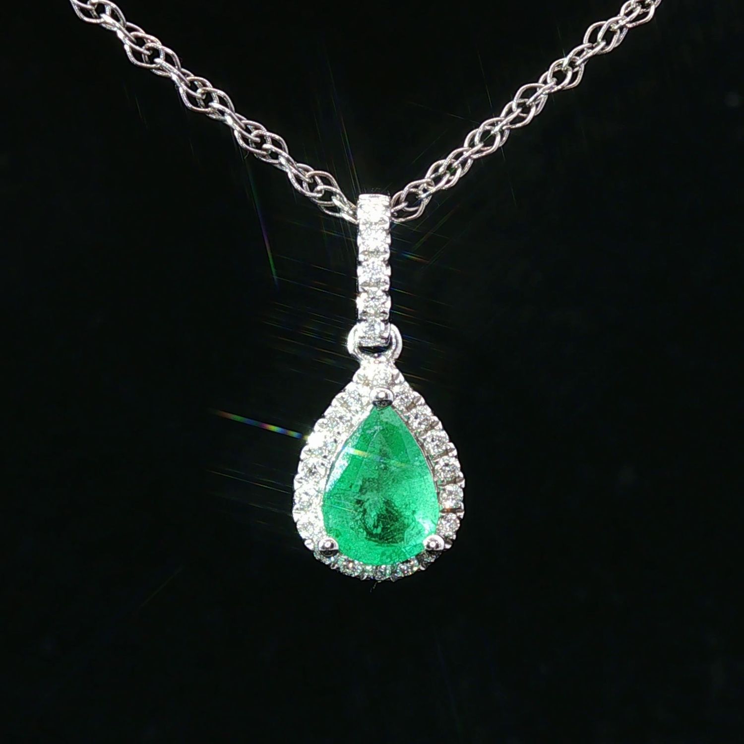 14K White Gold Pear Emerald and Natural Diamond Halo Pendant Necklace