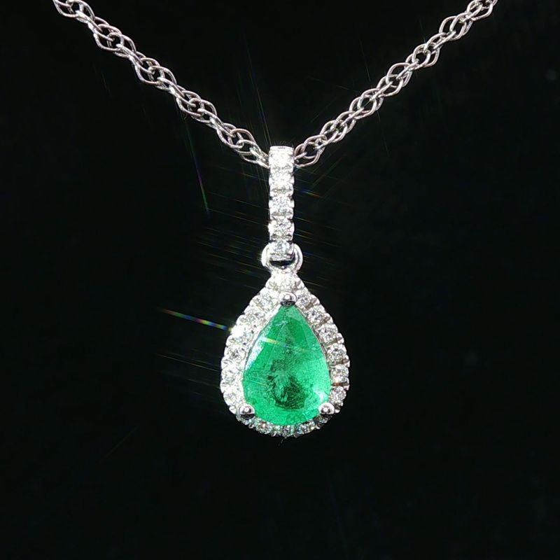 14K White Gold Pear Emerald and Natural Diamond Halo Pendant Necklace