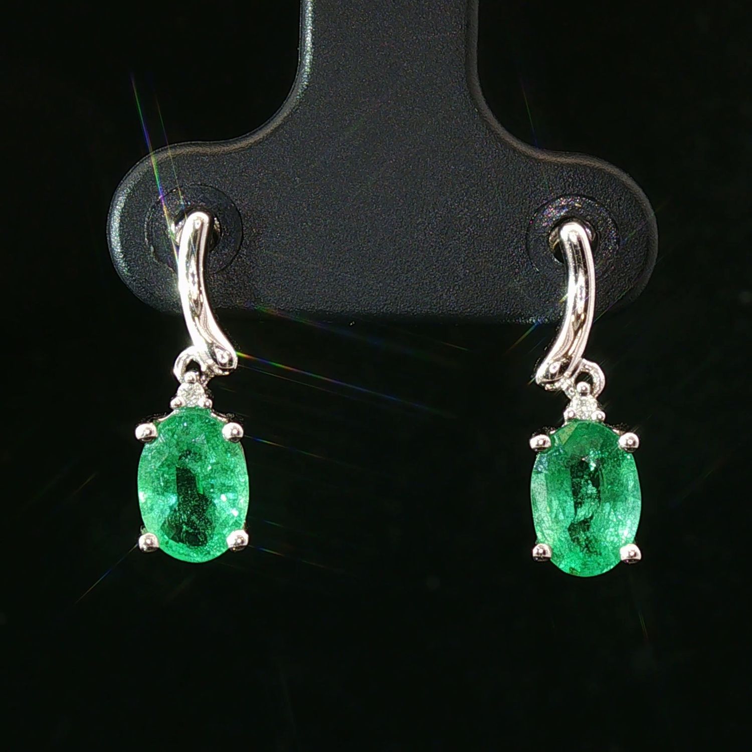 14K White Gold Oval Emerald Diamond Accent Drop Earrings