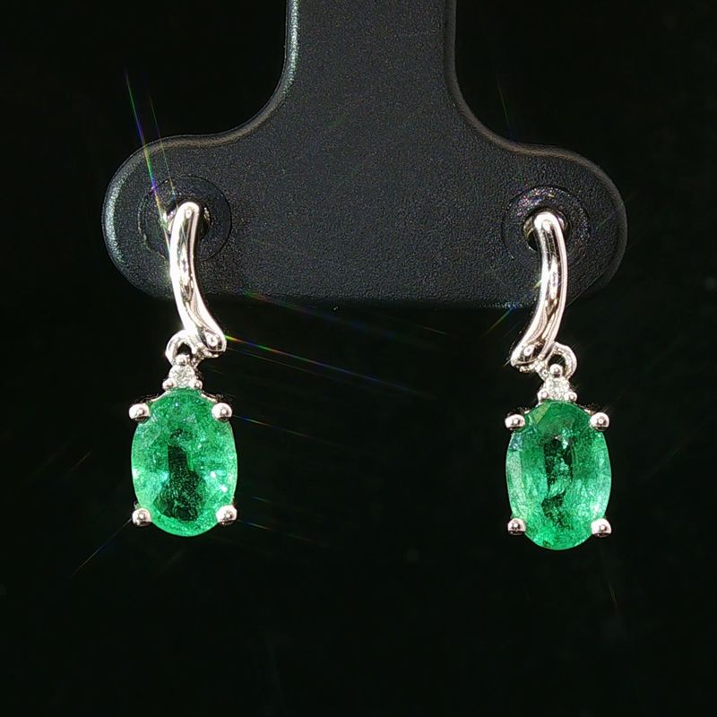 14K White Gold Oval Emerald Diamond Accent Drop Earrings