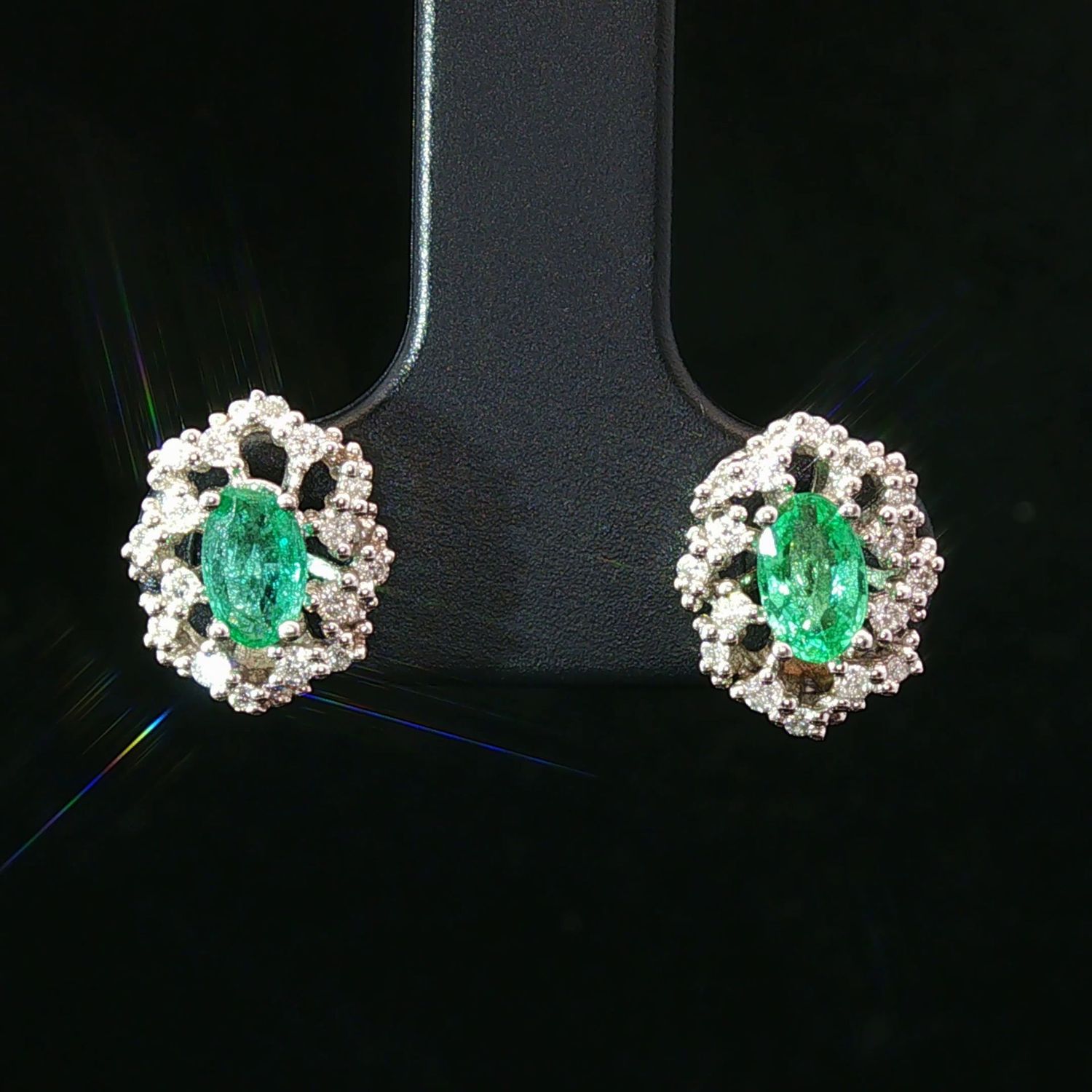 14K White Gold Oval Emerald Fancy Diamond Halo Stud Earrings