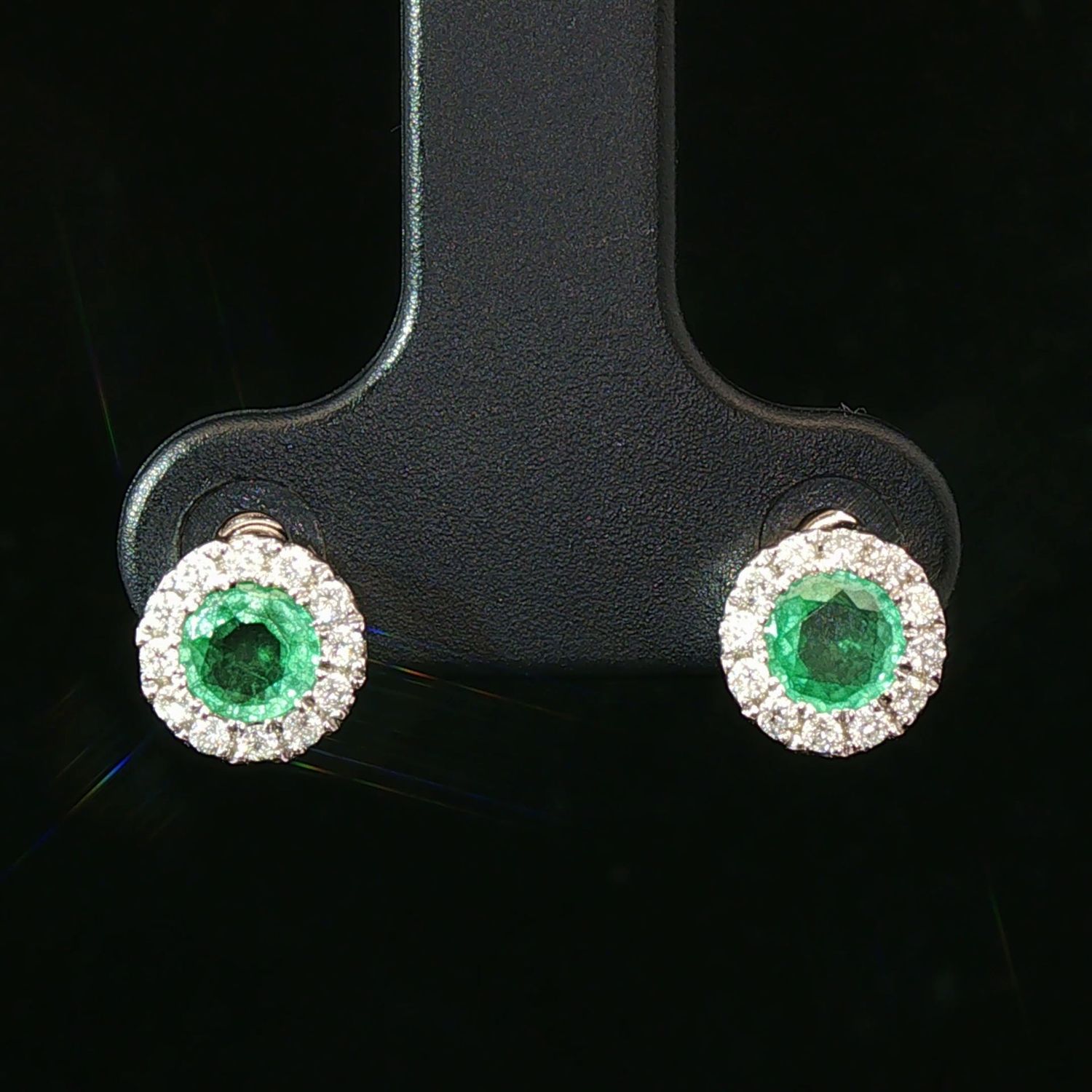 14K White Gold Emerald Diamond Halo Stud Earrings