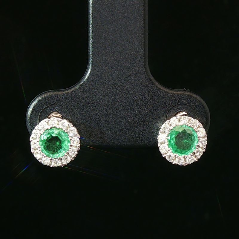 14K White Gold Emerald Diamond Halo Stud Earrings