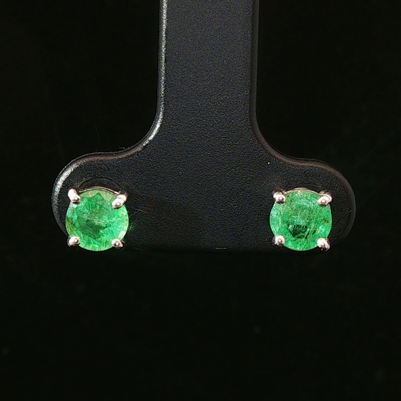 14K White Gold Round Emerald Stud Earrings