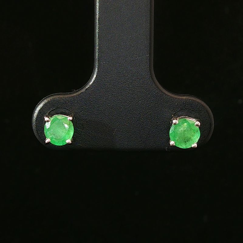 14K White Gold Round Emerald Stud Earrings