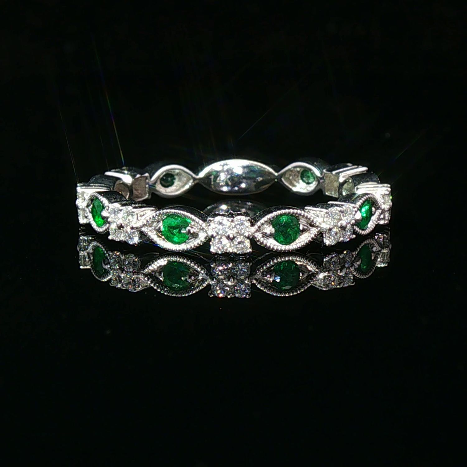 14K White Gold Alternating Emerald and Diamond Eternity Ring