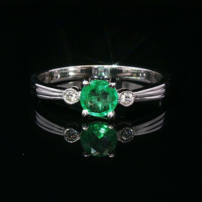 14K White Gold Round Emerald and Diamond Ring