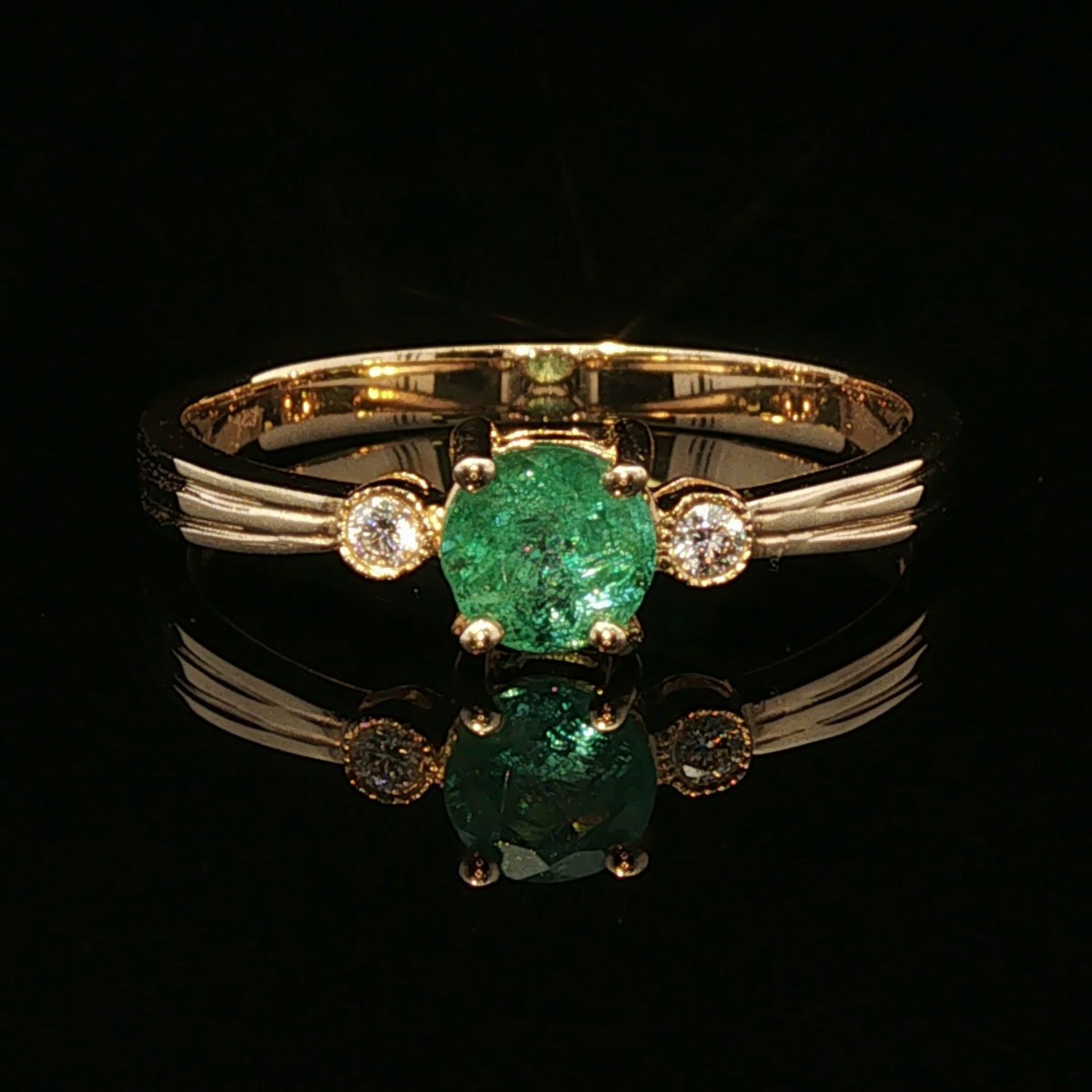 14K Yellow Gold Round Emerald and Diamond Ring