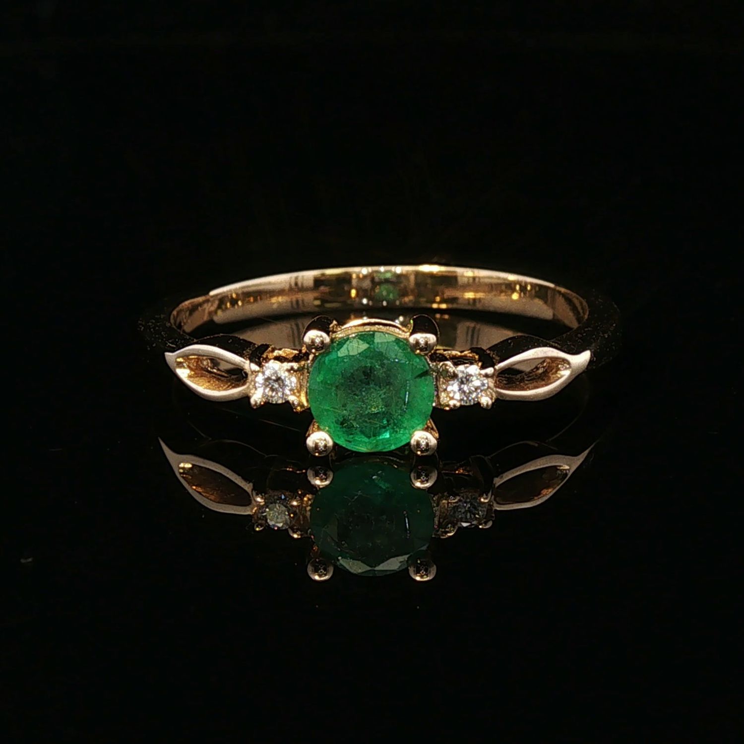 14K Yellow Gold Round Emerald and Diamond Ring