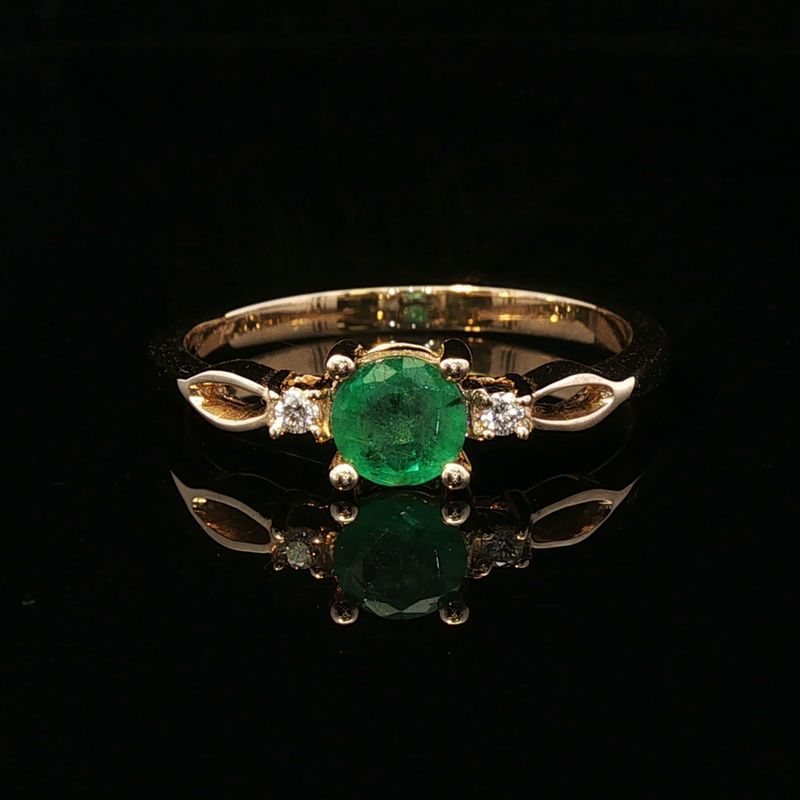 14K Yellow Gold Round Emerald and Diamond Ring
