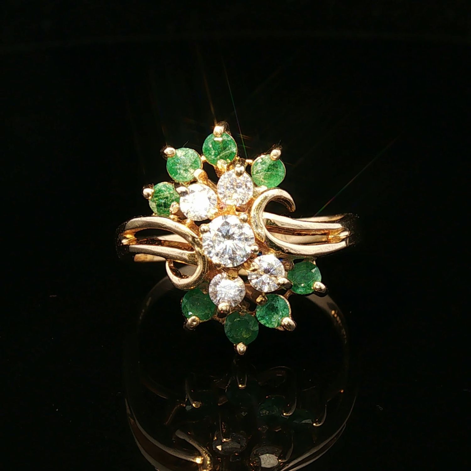 14K Yellow Gold Estate Diamond and Emerald Cocktail Ring
