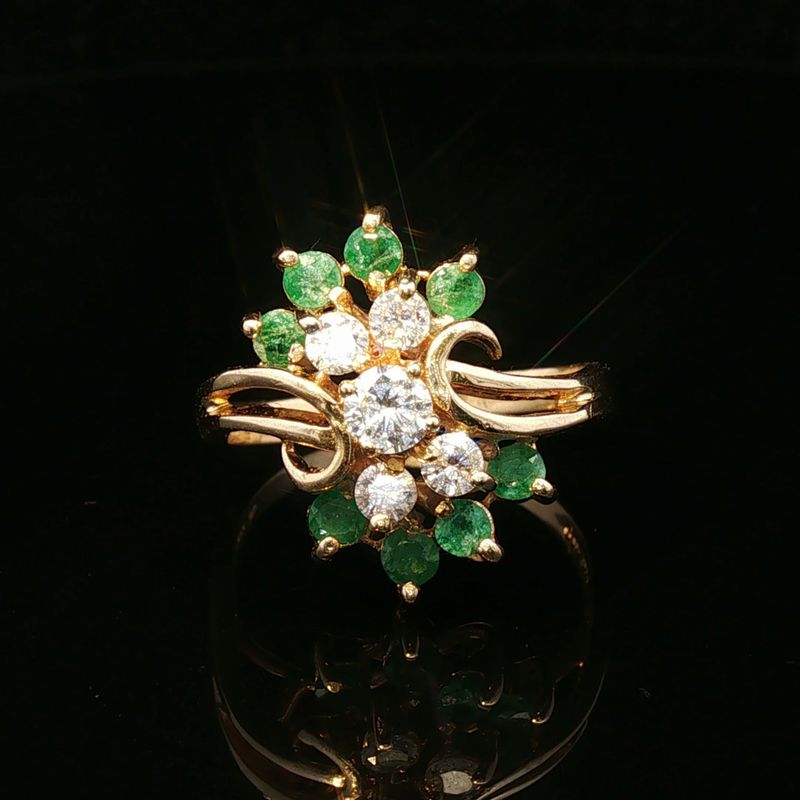 14K Yellow Gold Estate Diamond and Emerald Cocktail Ring