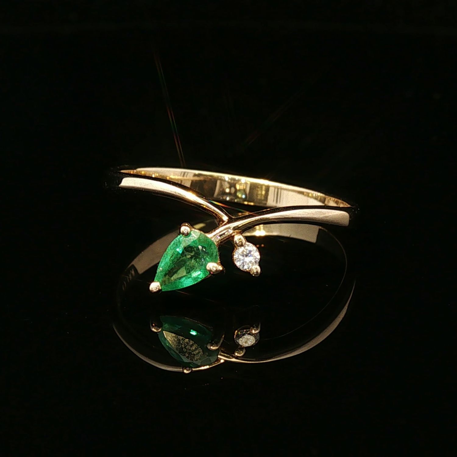 14K Yellow Gold Pear Emerald and Diamond Asymmetrical Ring
