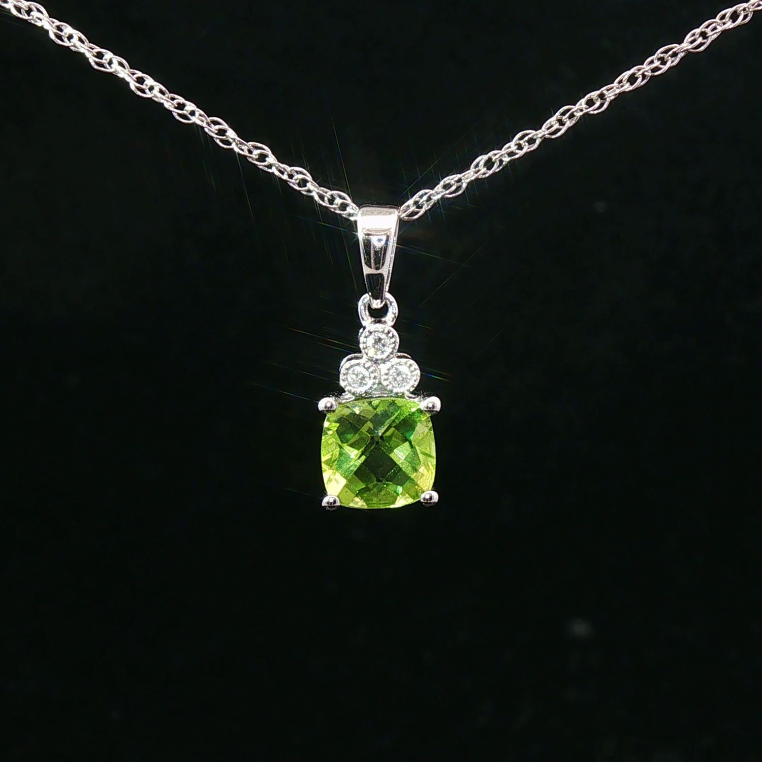 14K White Gold Cushion Peridot and Diamond Pendant Necklace