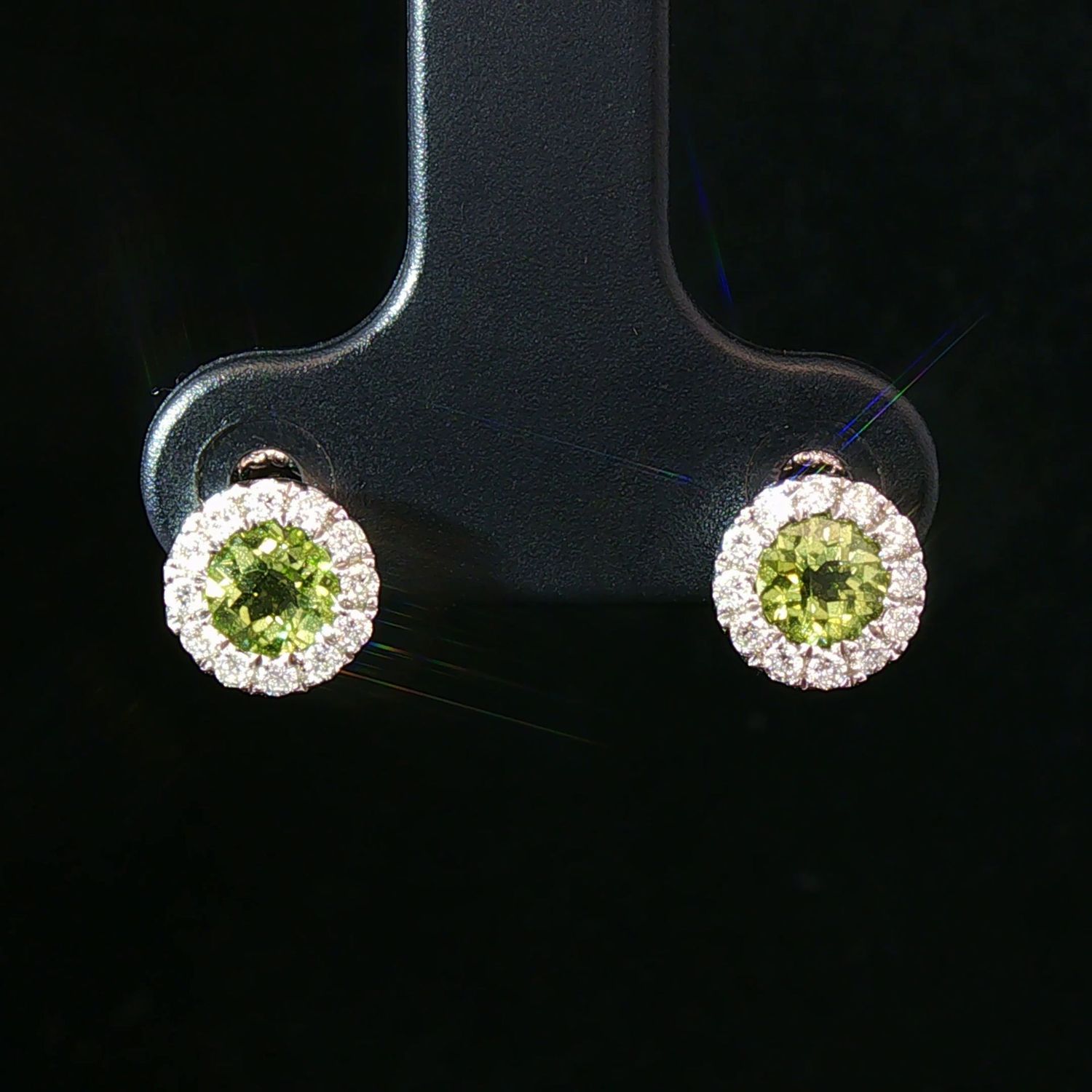 14K White Gold Diamond Halo Round Peridot Stud Earrings