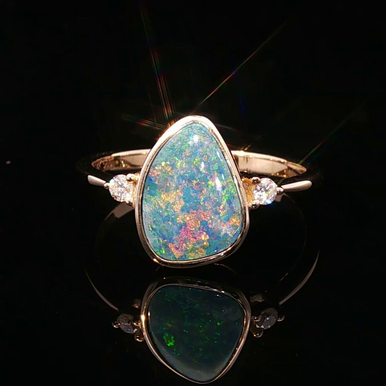 14K Yellow Gold Freeform Opal Doublet Diamond Accented Ring 14K Yellow Gold Freeform Opal Doublet Diamond Accented Ring