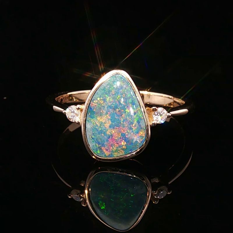 14K Yellow Gold Freeform Opal Doublet Diamond Accented Ring