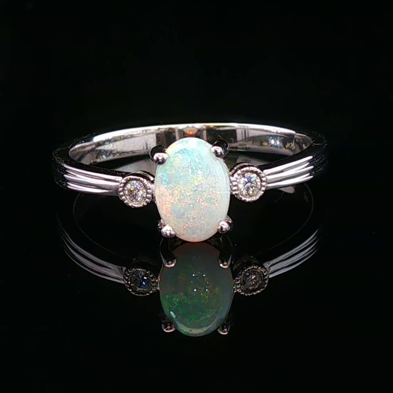 14K White Gold White Opal Diamond Accented Ring