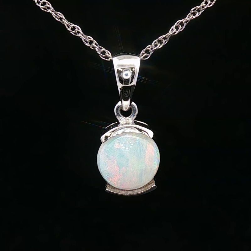 14K White Gold Round White Opal Pendant