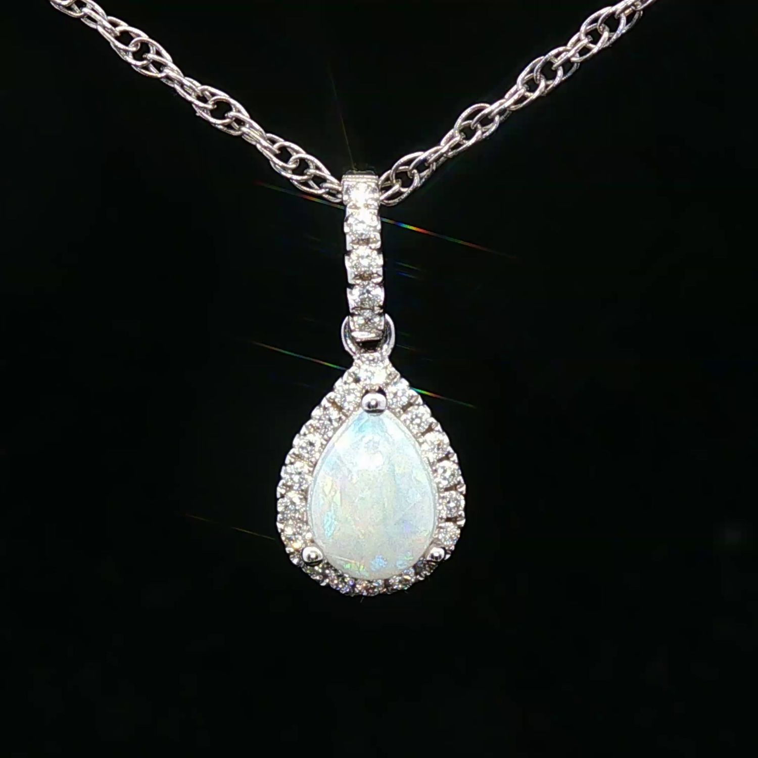 14K White Gold Pear White Opal Diamond Halo Pendant 14K White Gold Pear White Opal Diamond Halo Pendant