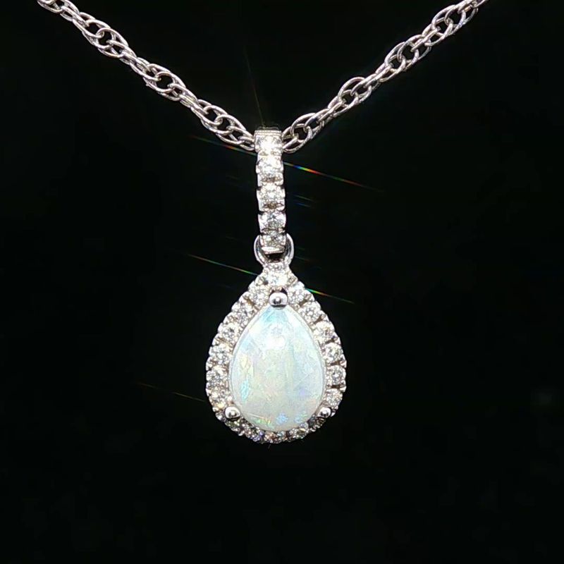 14K White Gold Pear White Opal Diamond Halo Pendant