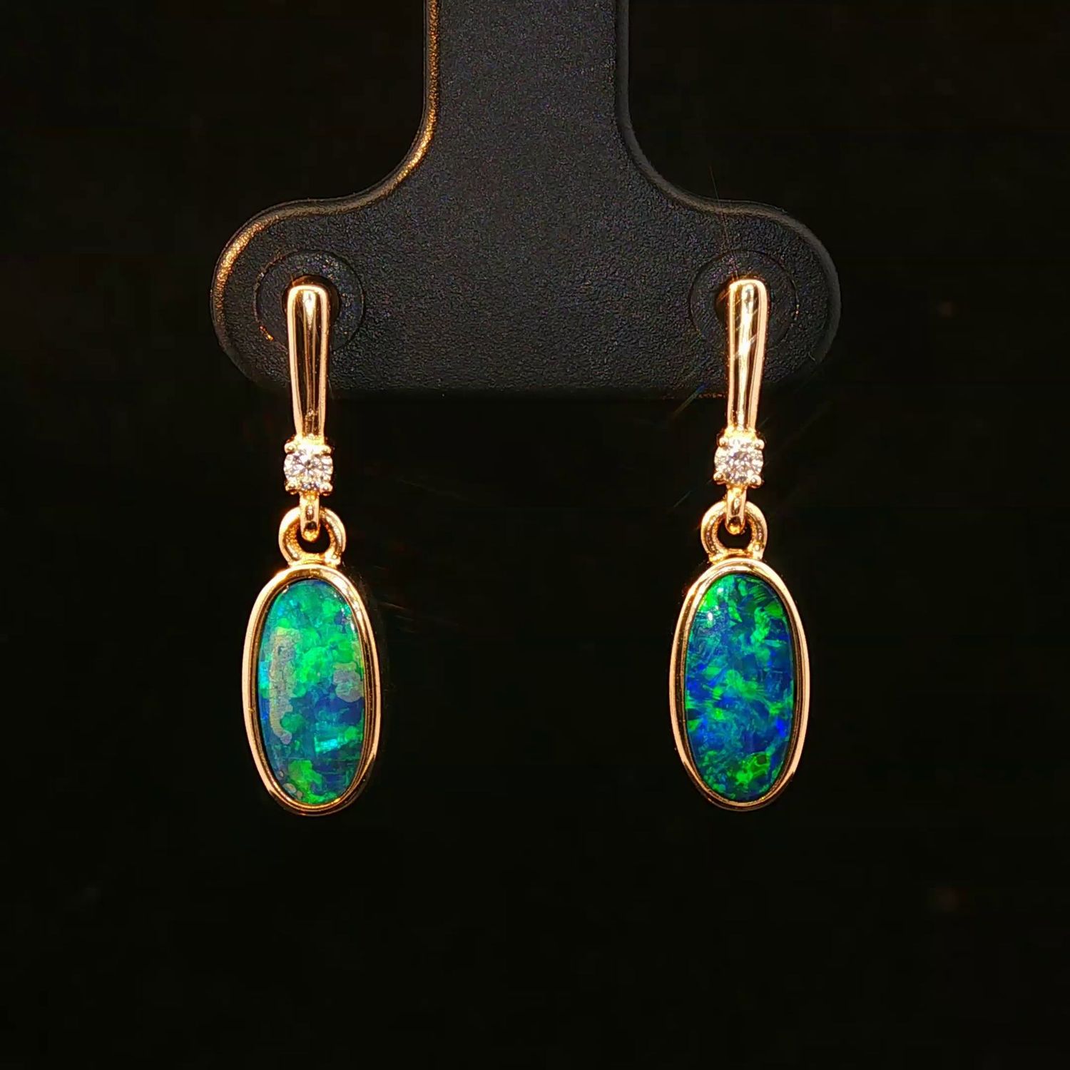 14K Yellow Gold Black Opal and Diamond Dangle Earrings 14K Yellow Gold Black Opal and Diamond Dangle Earrings