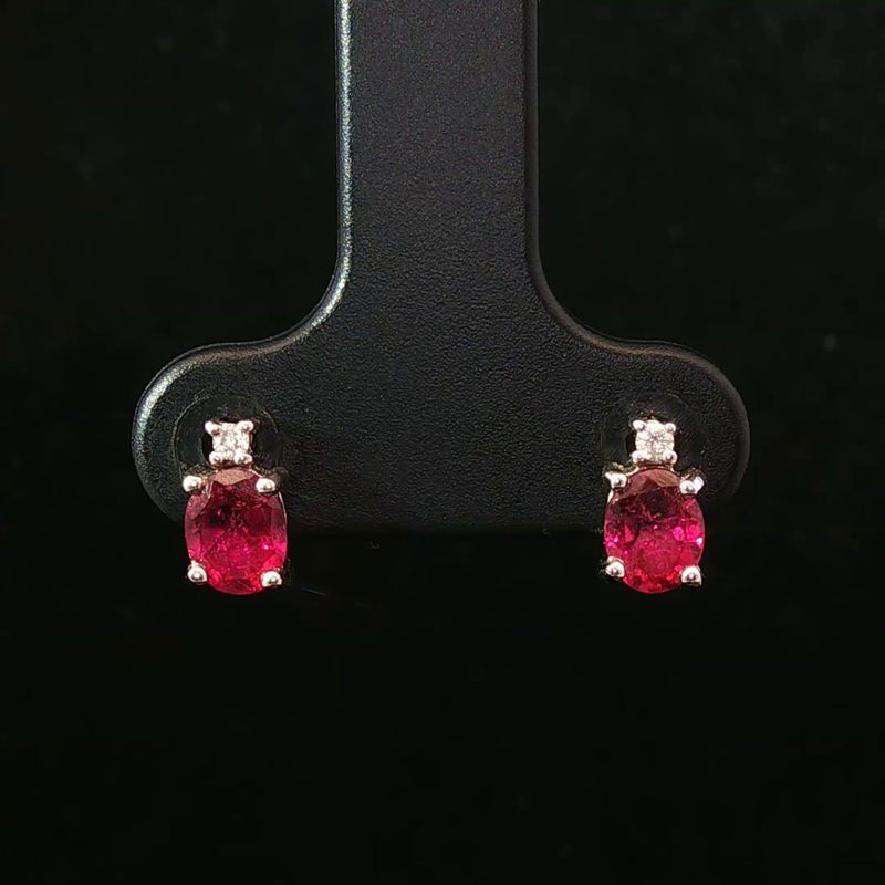 14K White Gold Oval Pink Tourmaline Diamond Earrings