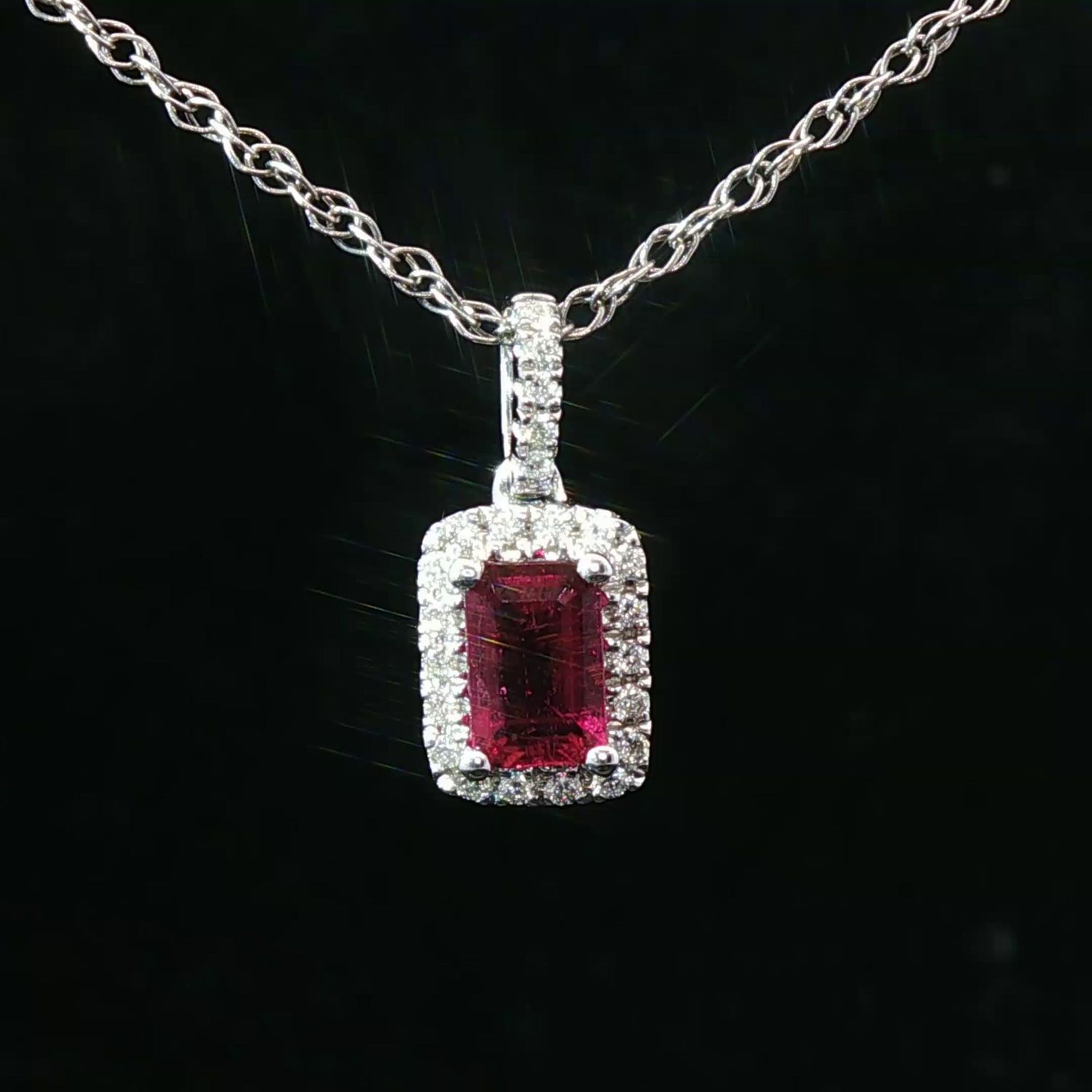 14K White Gold Emerald-Cut Pink Tourmaline Diamond Halo Pendant