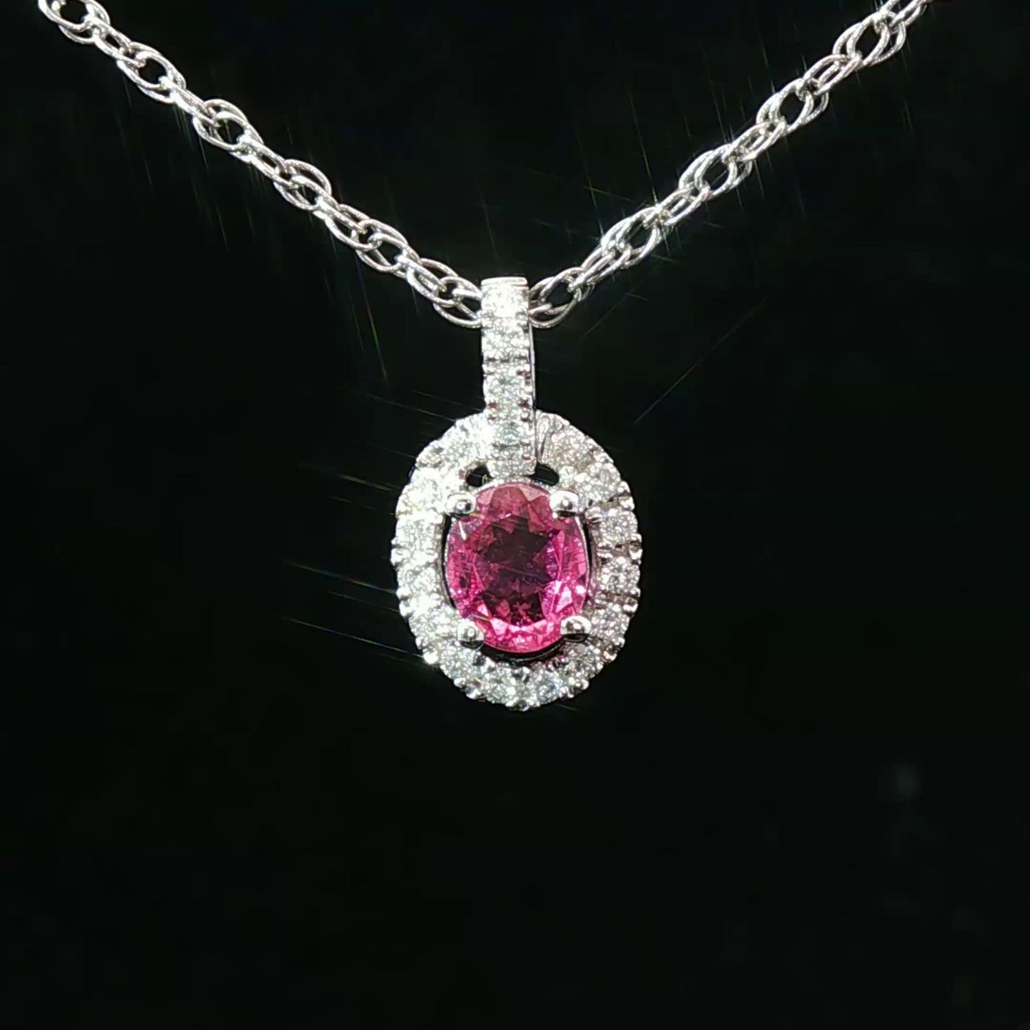 14K White Gold Oval Pink Tourmaline Diamond Halo Pendant