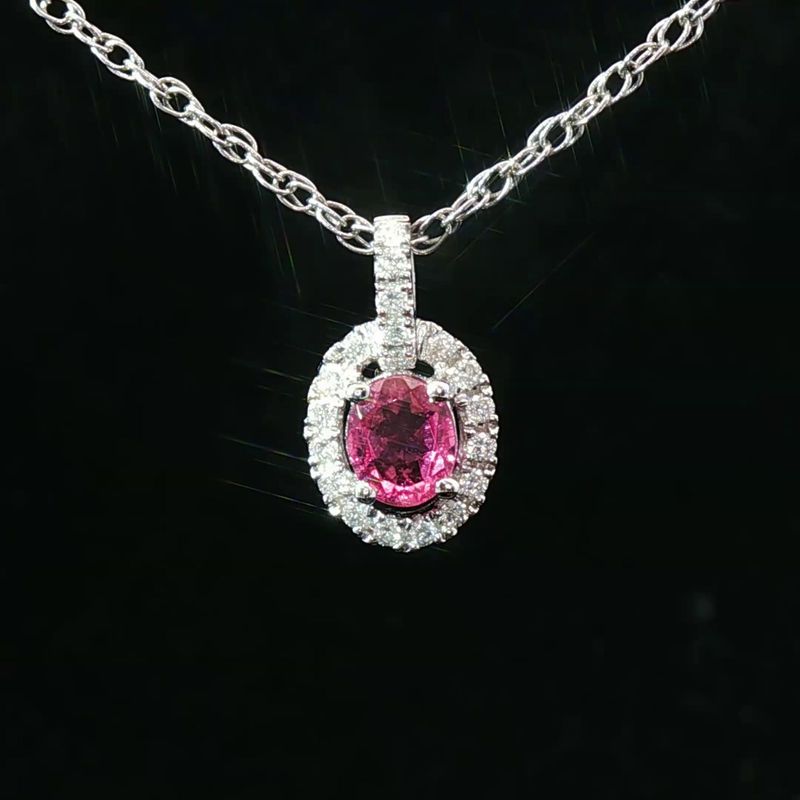 14K White Gold Oval Pink Tourmaline Diamond Halo Pendant