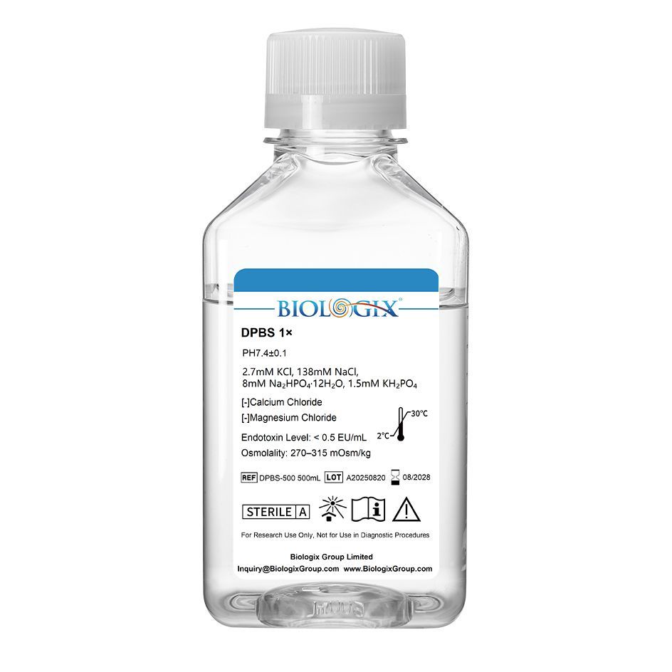 Biologix® DPBS Buffer (without Ca2+&amp;Mg2+) (1×), pH7.4, Sterile, Low Endotoxin, 500mL/ Bottle