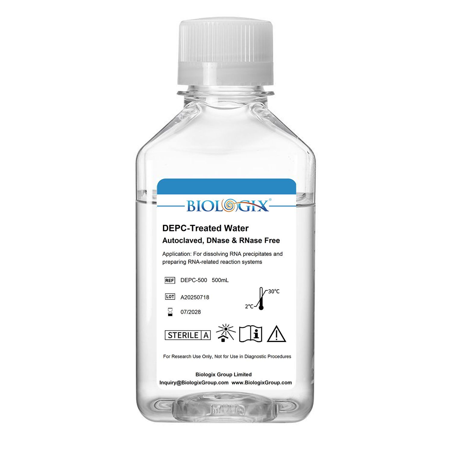 Biologix® DEPC-Treated Water (DNase, RNase free), Sterile, 500mL/ Bottle
