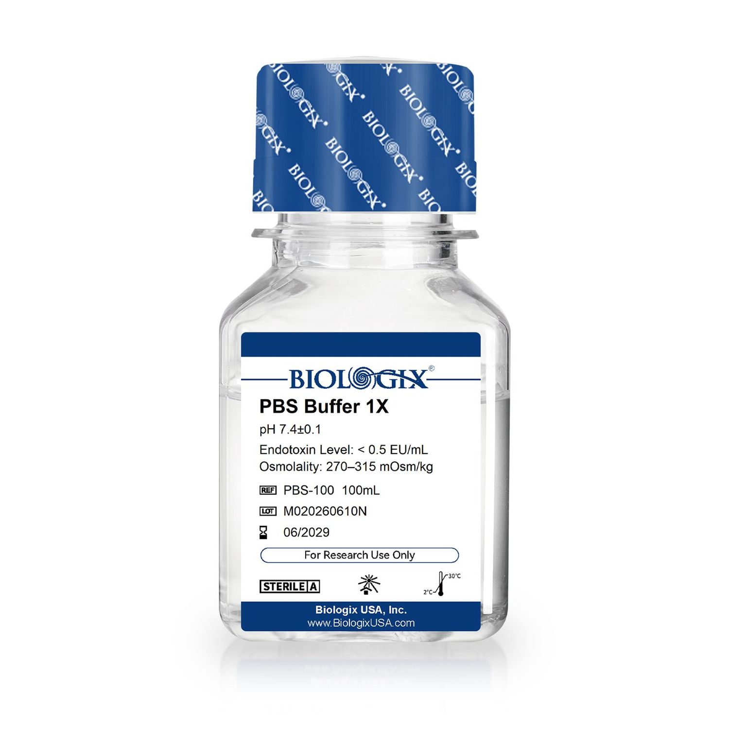 Biologix® PBS Buffer (1×), pH7.4, Low Endotoxin, 100mL/Bottle