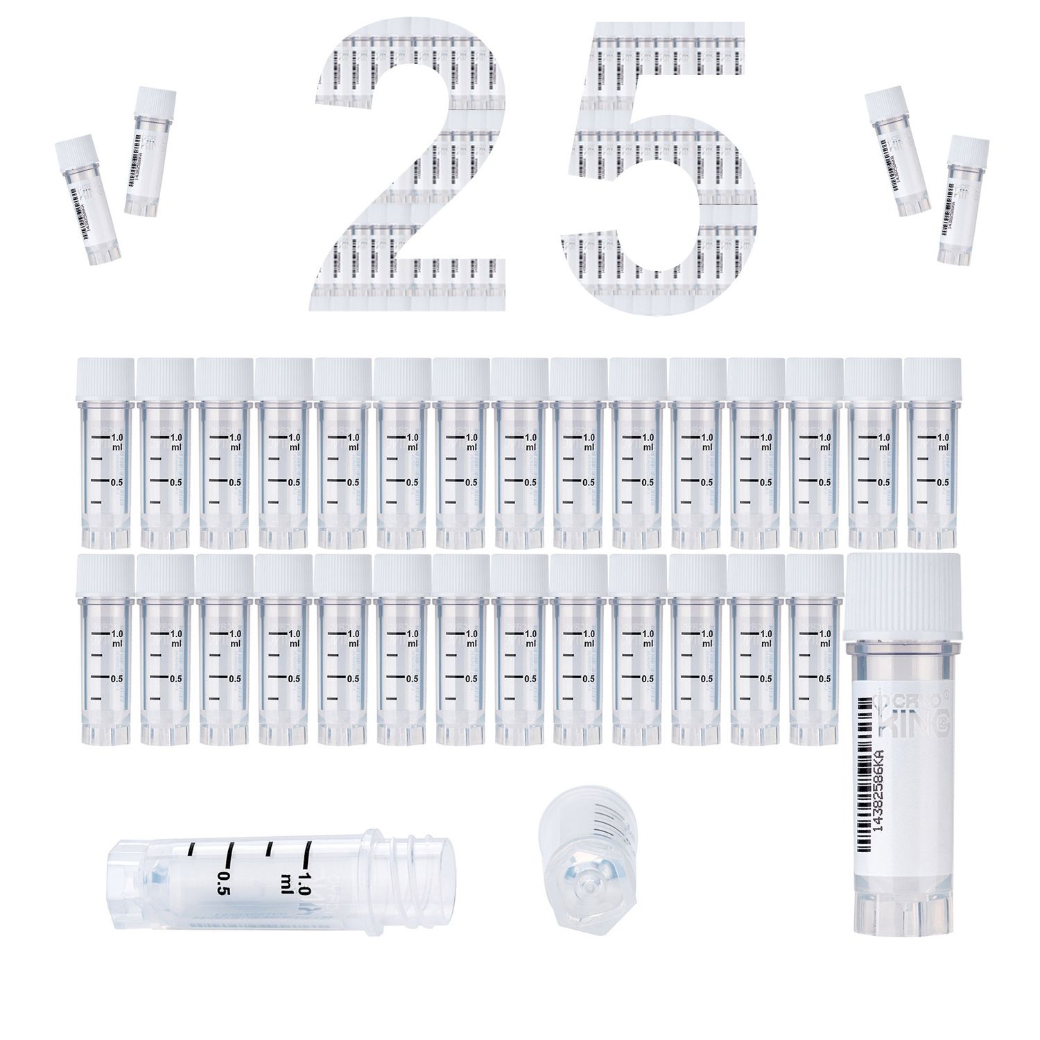Biologix® 1.0 ml Cryogenic Vials, External Thread, White Cap, Side Barcode, 25/Bag, 500/Pack, 1000/Case, Package: Bag (25 pcs /Bag)