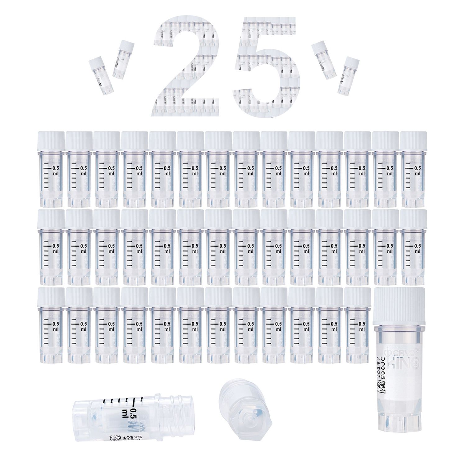 Biologix® 0.5 ml Cryogenic Vials, Side Barcode, External Thread, White Cap, 25/Bag, 500/Pack, 1000/Case, Package: Bag (25 pcs /Bag)
