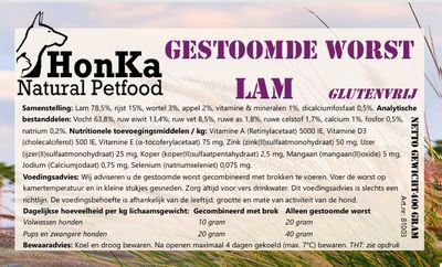 HonKa Gestoomde Worst Lam – 400 g etiket