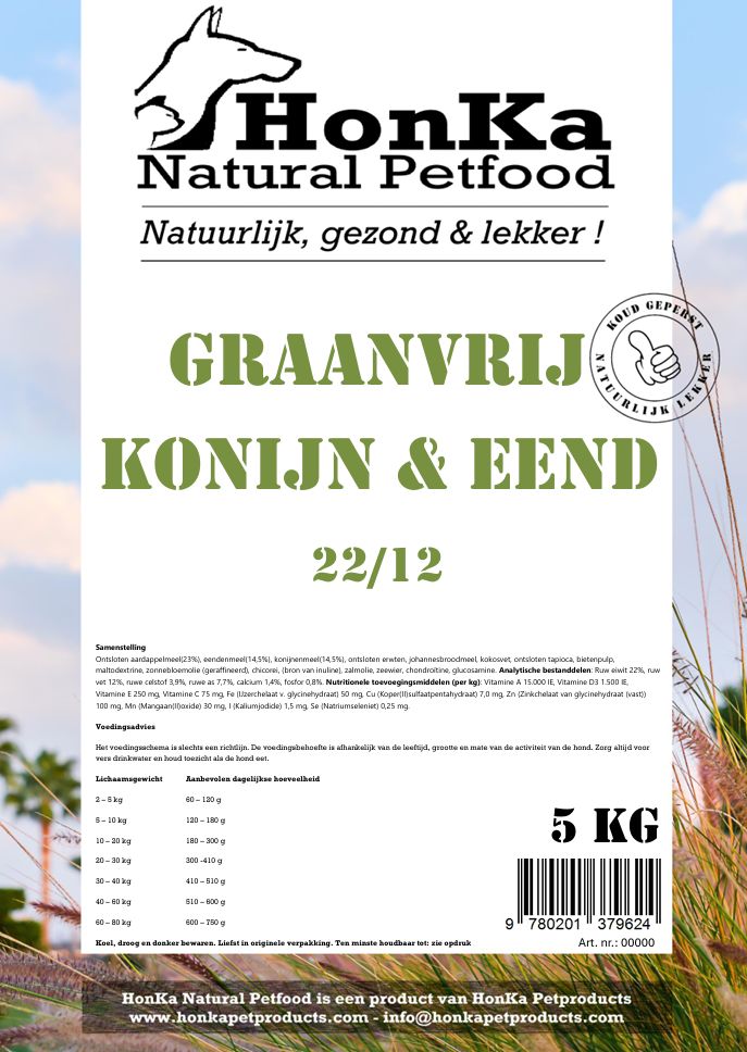 HonKa Graanvrij Konijn &amp; Eend 22/12 koudgeperste hondenvoeding voor volwassen honden 5kg