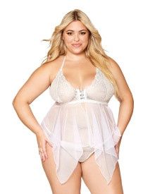 LACE &amp; MESH BBYDOLL SET WH PLUS - Badd Kitty