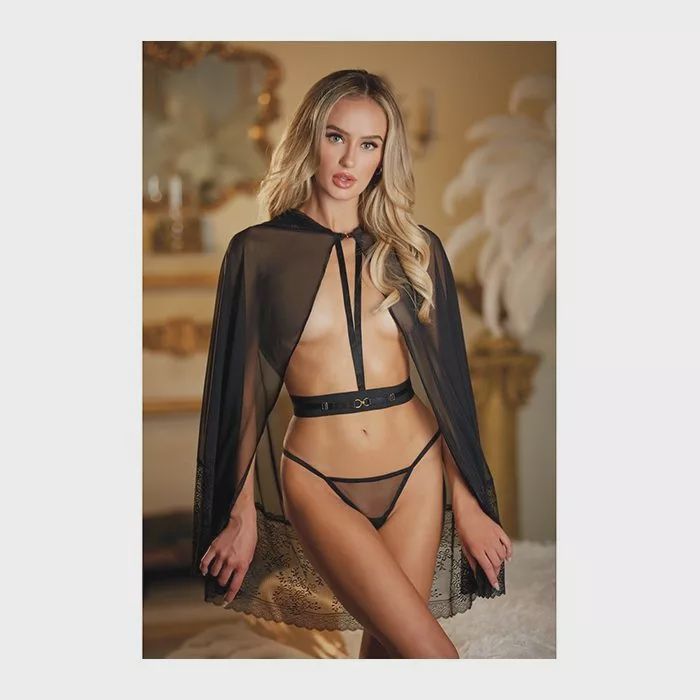 ALLURE LACE AND MESH CAPE WITH BELT