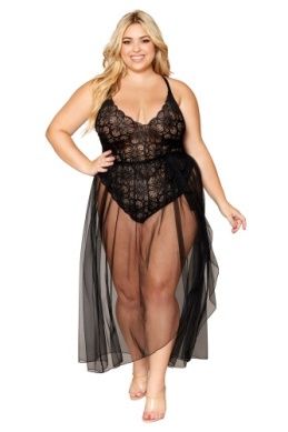LACE TEDDY &amp; SKIRT BLK PLUS