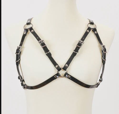 PATENT SHINY LEATHER HARNESS, Color: BLACK, Size: S/M