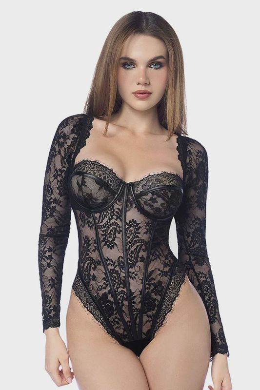 LEATHER &amp; LACE LONG SLEEVE BODYSUIT
