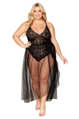LACE TEDDY &amp; SKIRT BLK PLUS